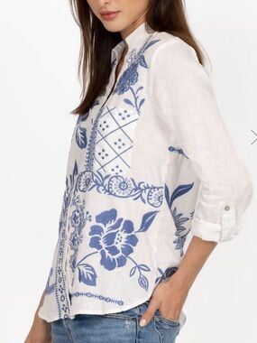Johnny Was Linen embroidered Blouse sz small oversized white with blue